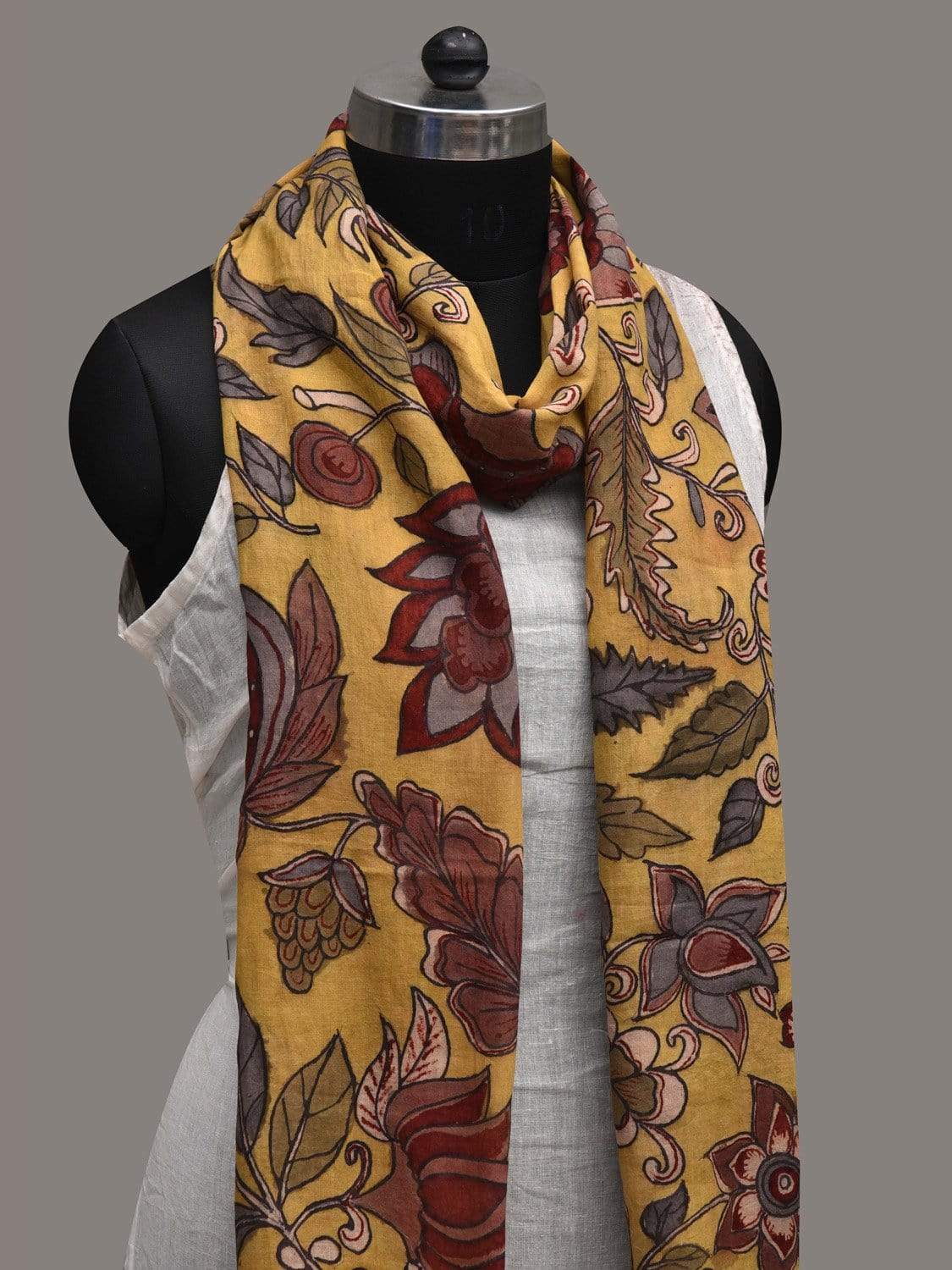 Yellow Kalamkari Hand Painted Cotton Handloom Stole with Floral Design ds2566