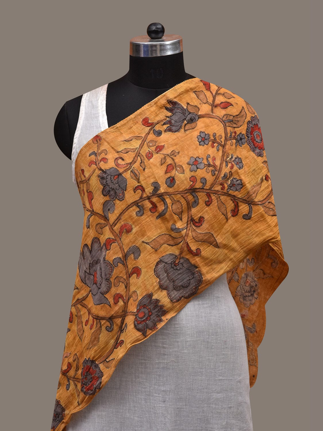 Yellow Kalamkari Hand Painted Cotton Handloom Stole with Flowers Design ds2826