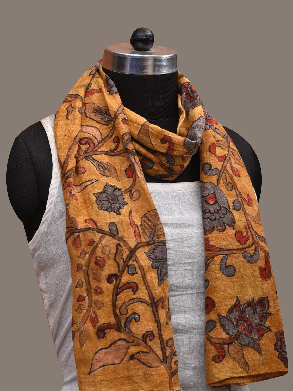 Yellow Kalamkari Hand Painted Cotton Handloom Stole with Flowers Design ds2826