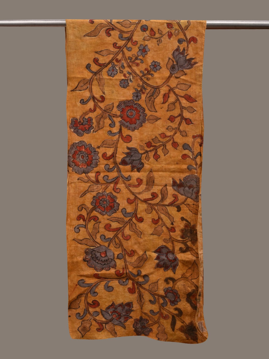 Yellow Kalamkari Hand Painted Cotton Handloom Stole with Flowers Design ds2826