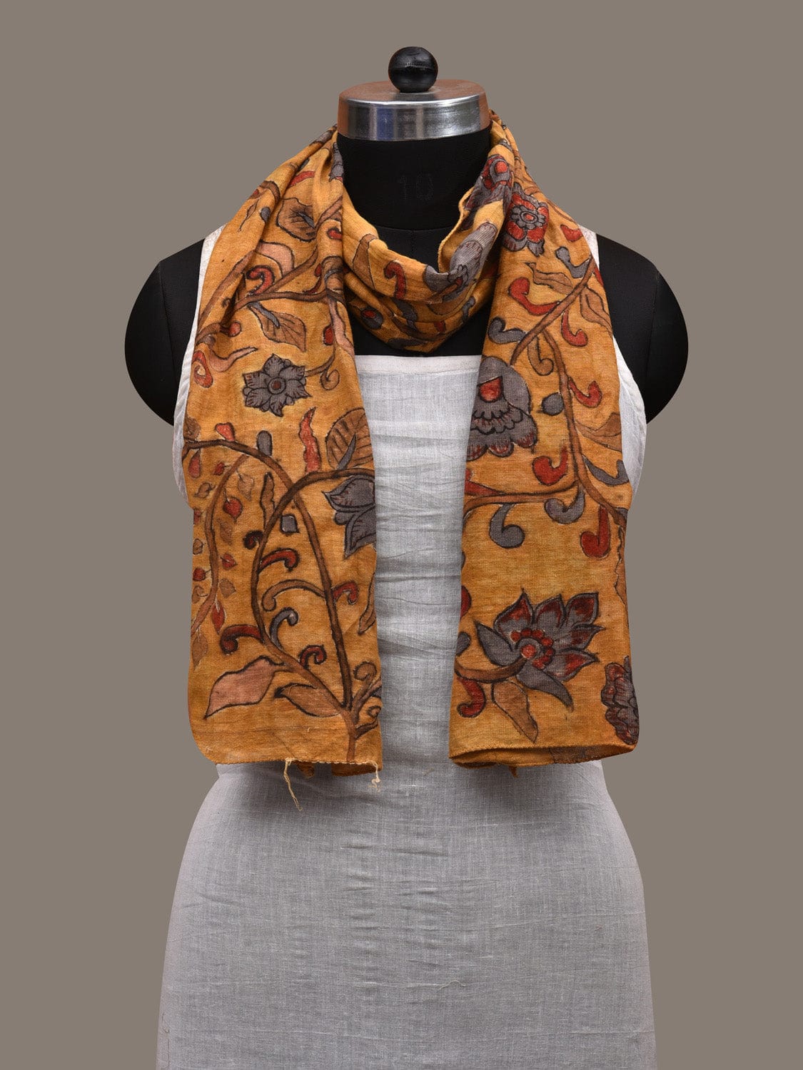 Yellow Kalamkari Hand Painted Cotton Handloom Stole with Flowers Design ds2826
