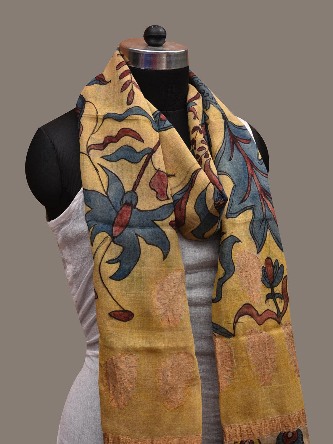 Yellow Kalamkari Hand Painted Cotton Silk Handloom Dupatta with Exotic Flowers Design ds2689