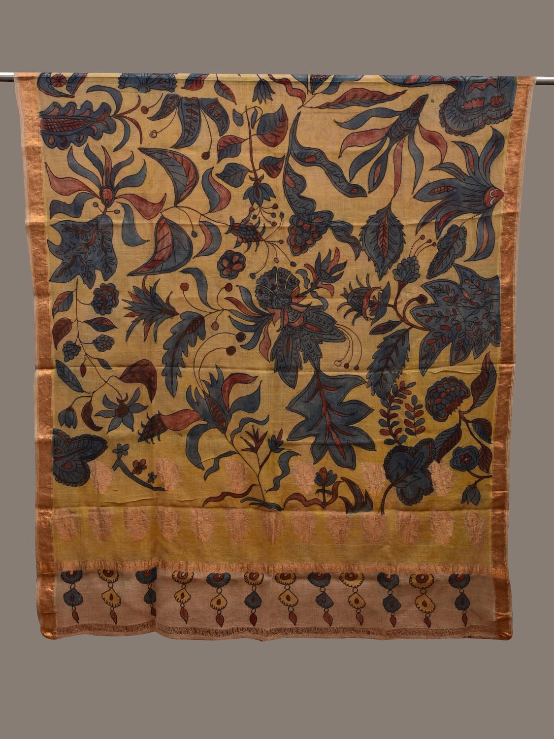 Yellow Kalamkari Hand Painted Cotton Silk Handloom Dupatta with Exotic Flowers Design ds2689