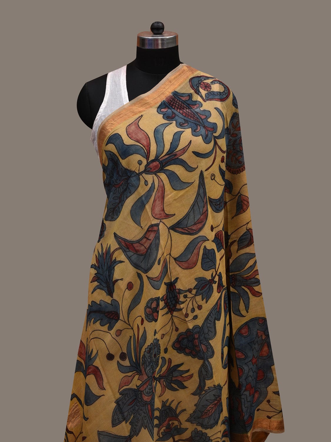 Yellow Kalamkari Hand Painted Cotton Silk Handloom Dupatta with Exotic Flowers Design ds2689