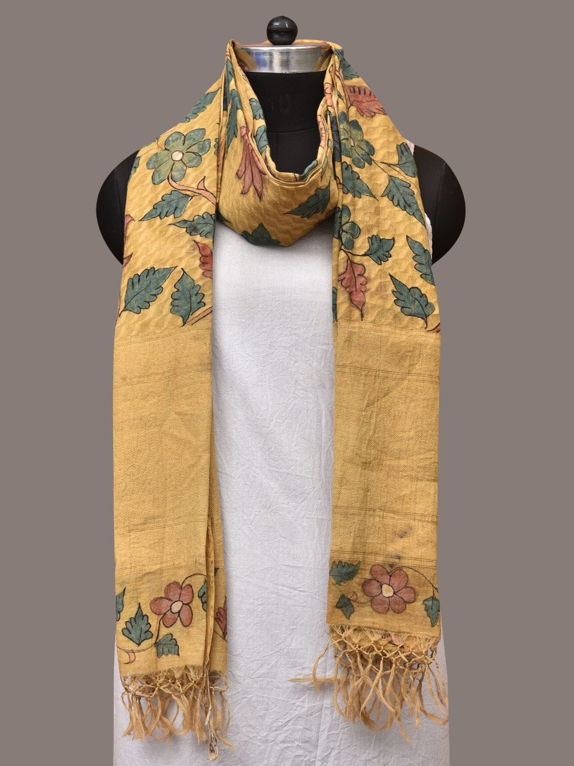 Yellow Kalamkari Hand Painted Cotton Silk Handloom Dupatta with Lotus and Birds Design ds3483