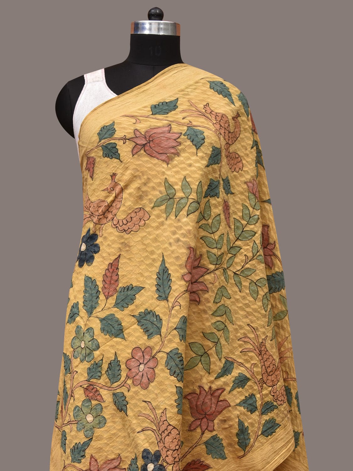Yellow Kalamkari Hand Painted Cotton Silk Handloom Dupatta with Lotus and Birds Design ds3483