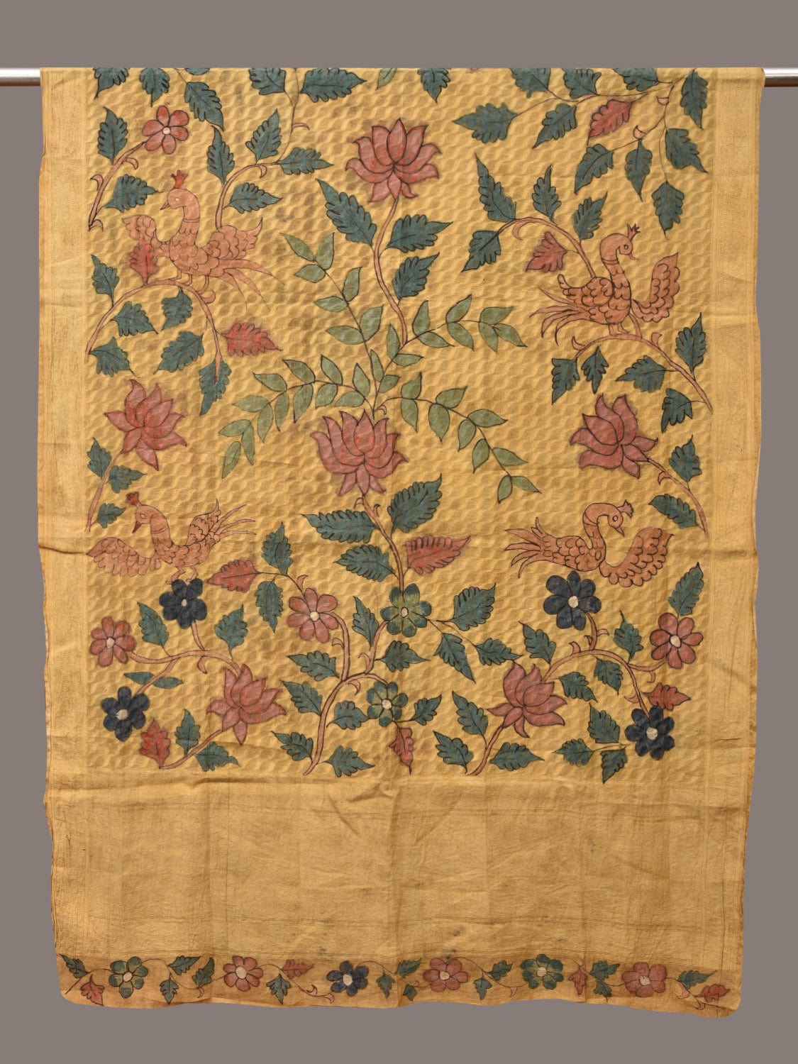 Yellow Kalamkari Hand Painted Cotton Silk Handloom Dupatta with Lotus and Birds Design ds3483