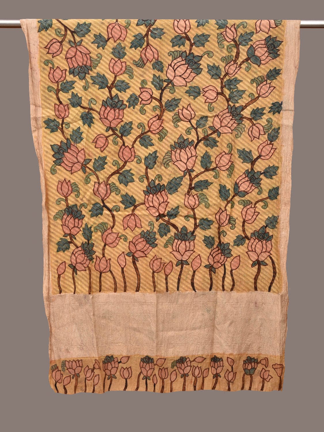 Yellow Kalamkari Hand Painted Cotton Silk Handloom Dupatta with Lotus Flowers Design ds3189