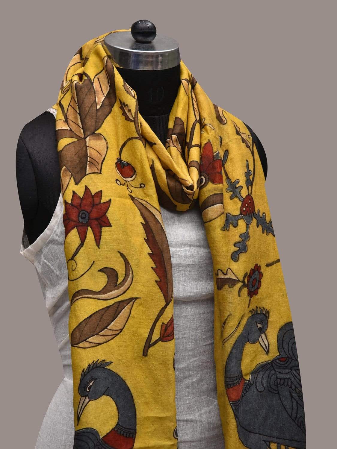 Yellow Kalamkari Hand Painted Cotton Silk Handloom Dupatta with Peacocks and Floral Design ds2528