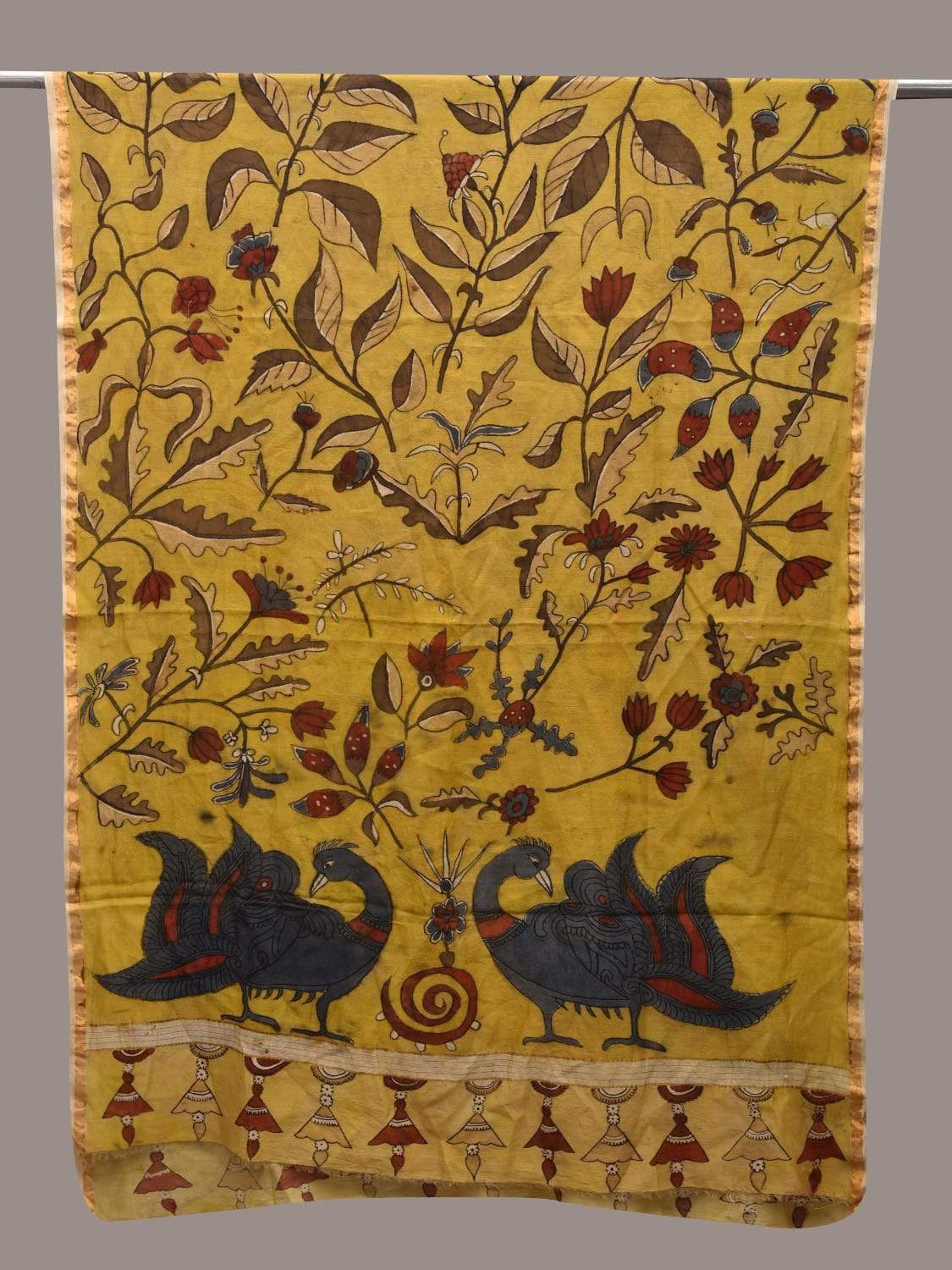 Yellow Kalamkari Hand Painted Cotton Silk Handloom Dupatta with Peacocks and Floral Design ds2528