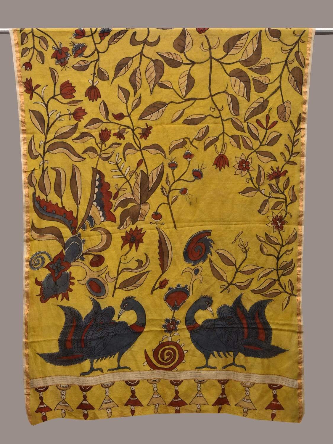 Yellow Kalamkari Hand Painted Cotton Silk Handloom Dupatta with Peacocks and Floral Design ds2528