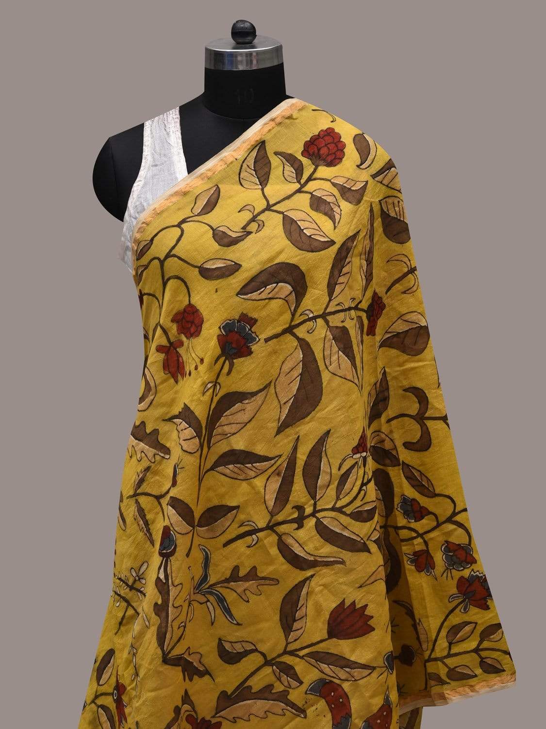 Yellow Kalamkari Hand Painted Cotton Silk Handloom Dupatta with Peacocks and Floral Design ds2528