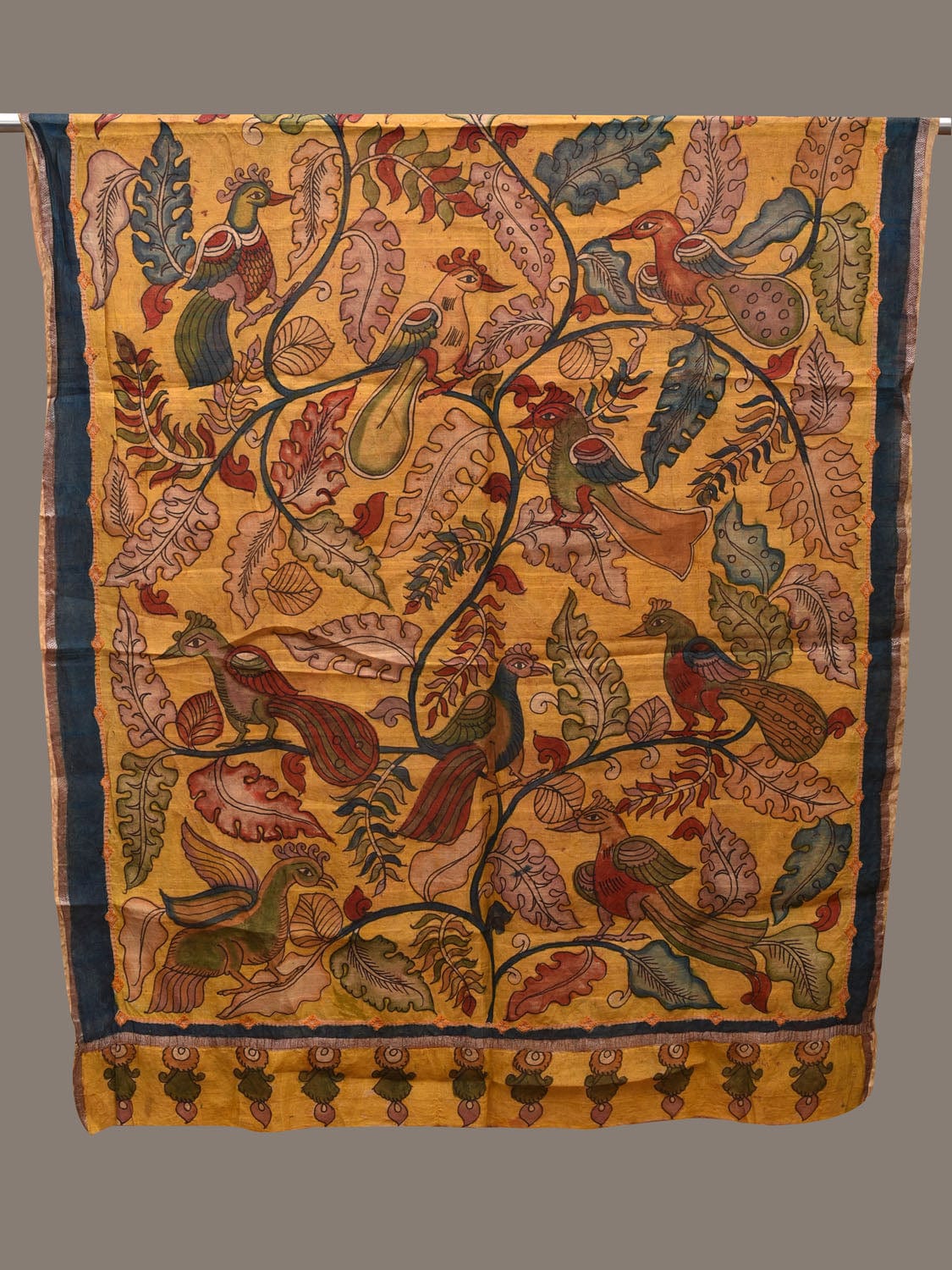 Yellow Kalamkari Hand Painted Cotton Silk Handloom Dupatta with Peacocks Design ds2699