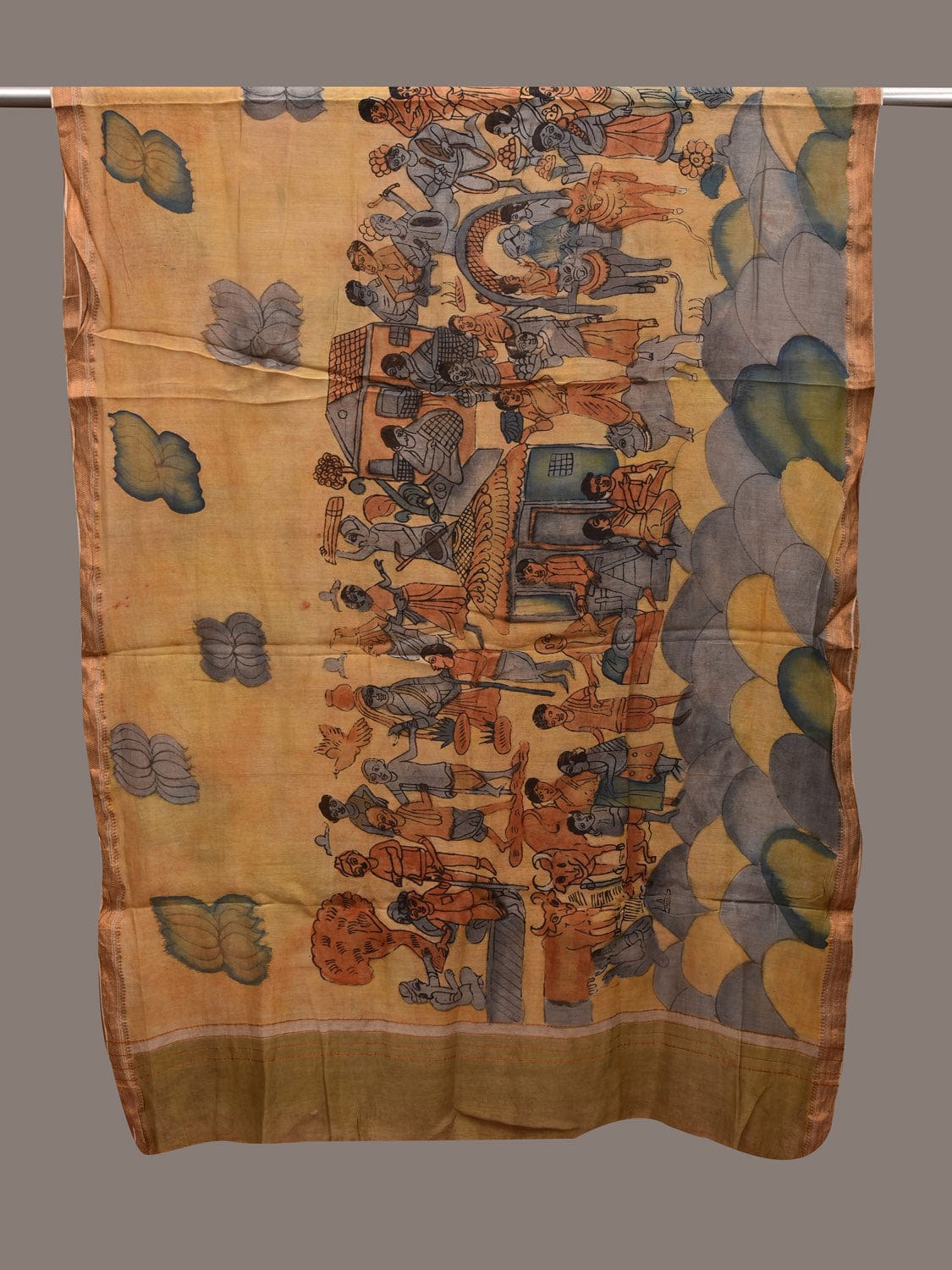 Yellow Kalamkari Hand Painted Cotton Silk Handloom Dupatta with Village Theme Design ds2719