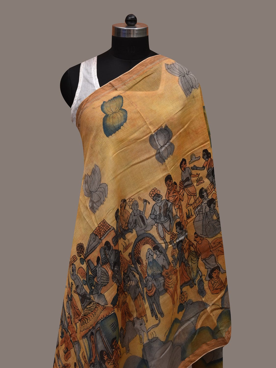 Yellow Kalamkari Hand Painted Cotton Silk Handloom Dupatta with Village Theme Design ds2719