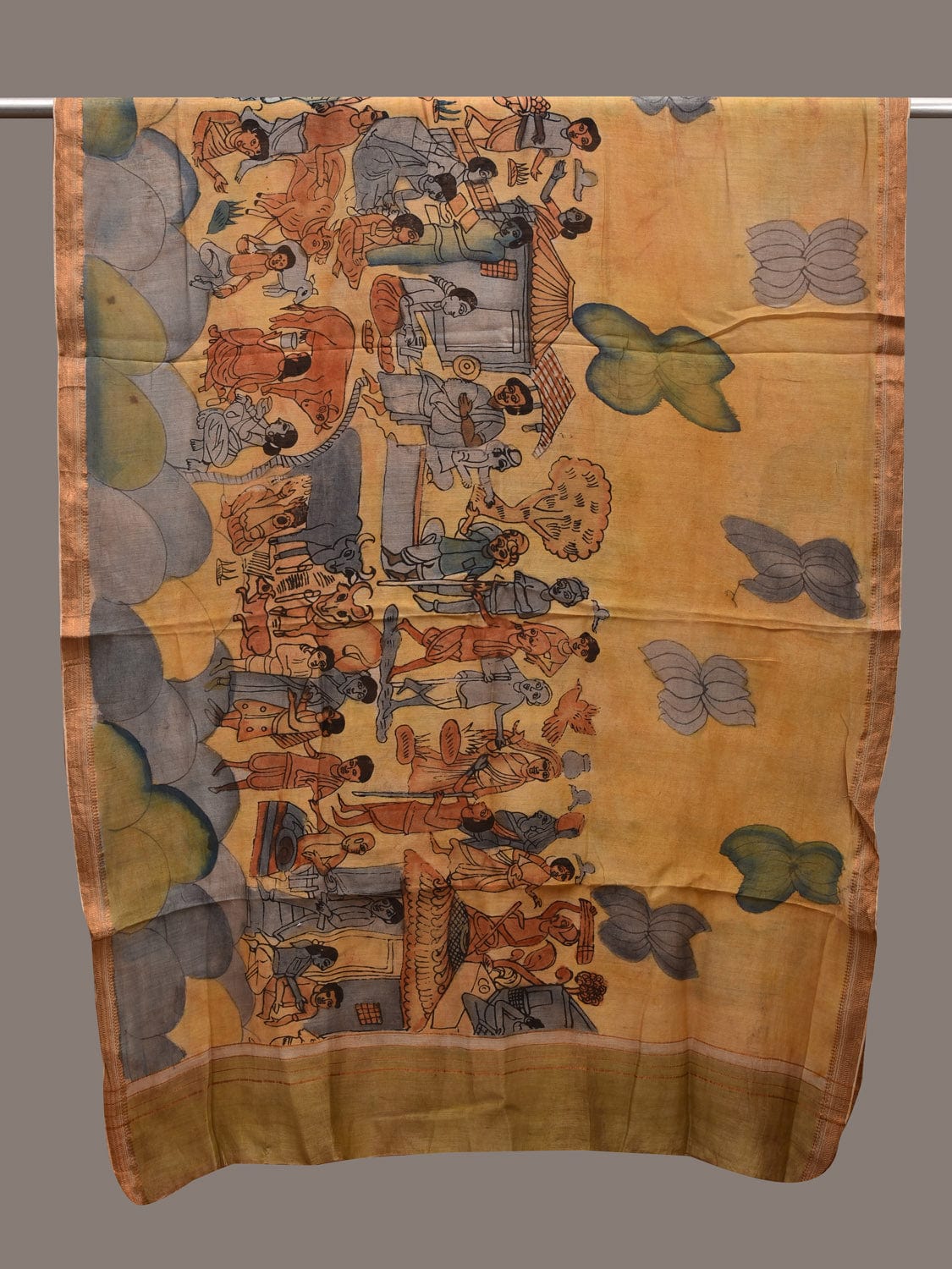 Yellow Kalamkari Hand Painted Cotton Silk Handloom Dupatta with Village Theme Design ds2719