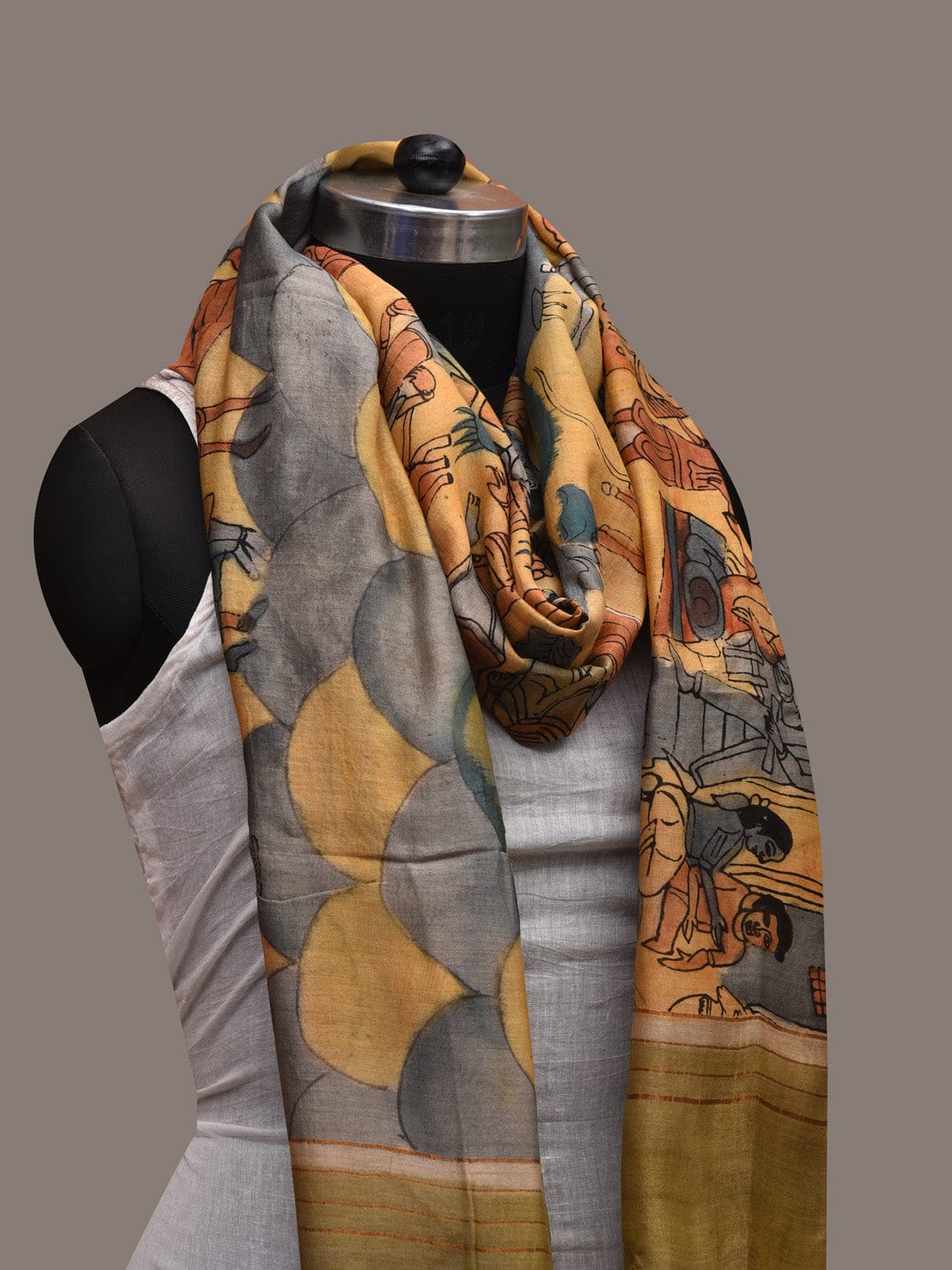 Yellow Kalamkari Hand Painted Cotton Silk Handloom Dupatta with Village Theme Design ds2719
