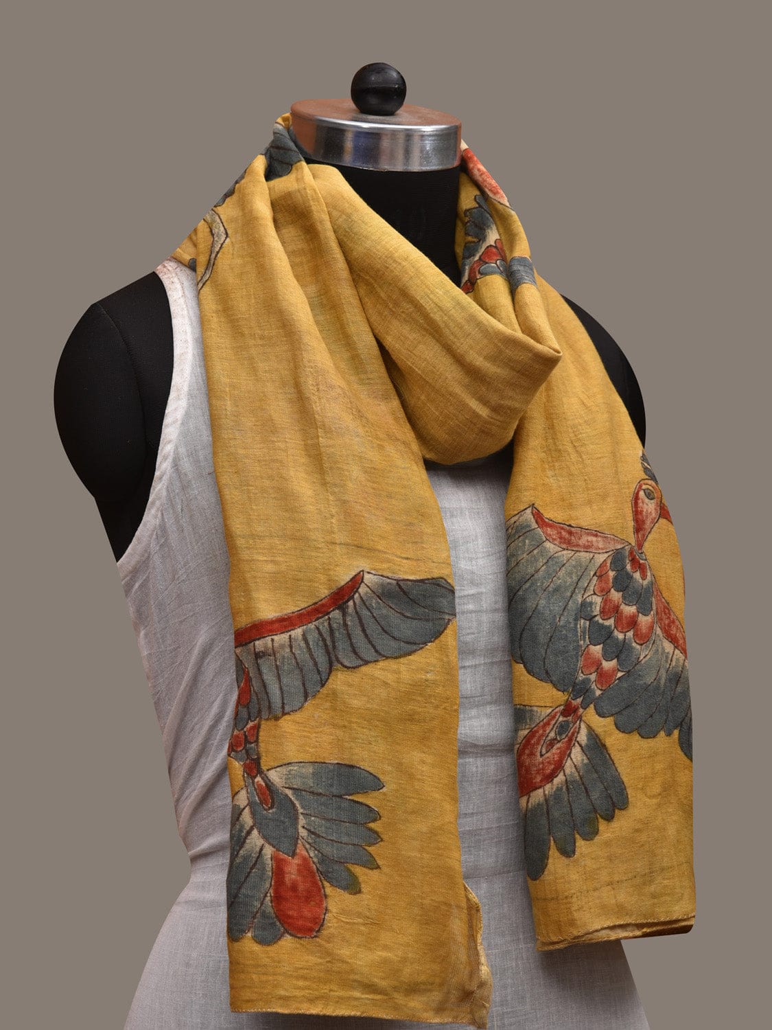 Yellow Kalamkari Hand Painted Cotton Stole with Birds Design ds2932