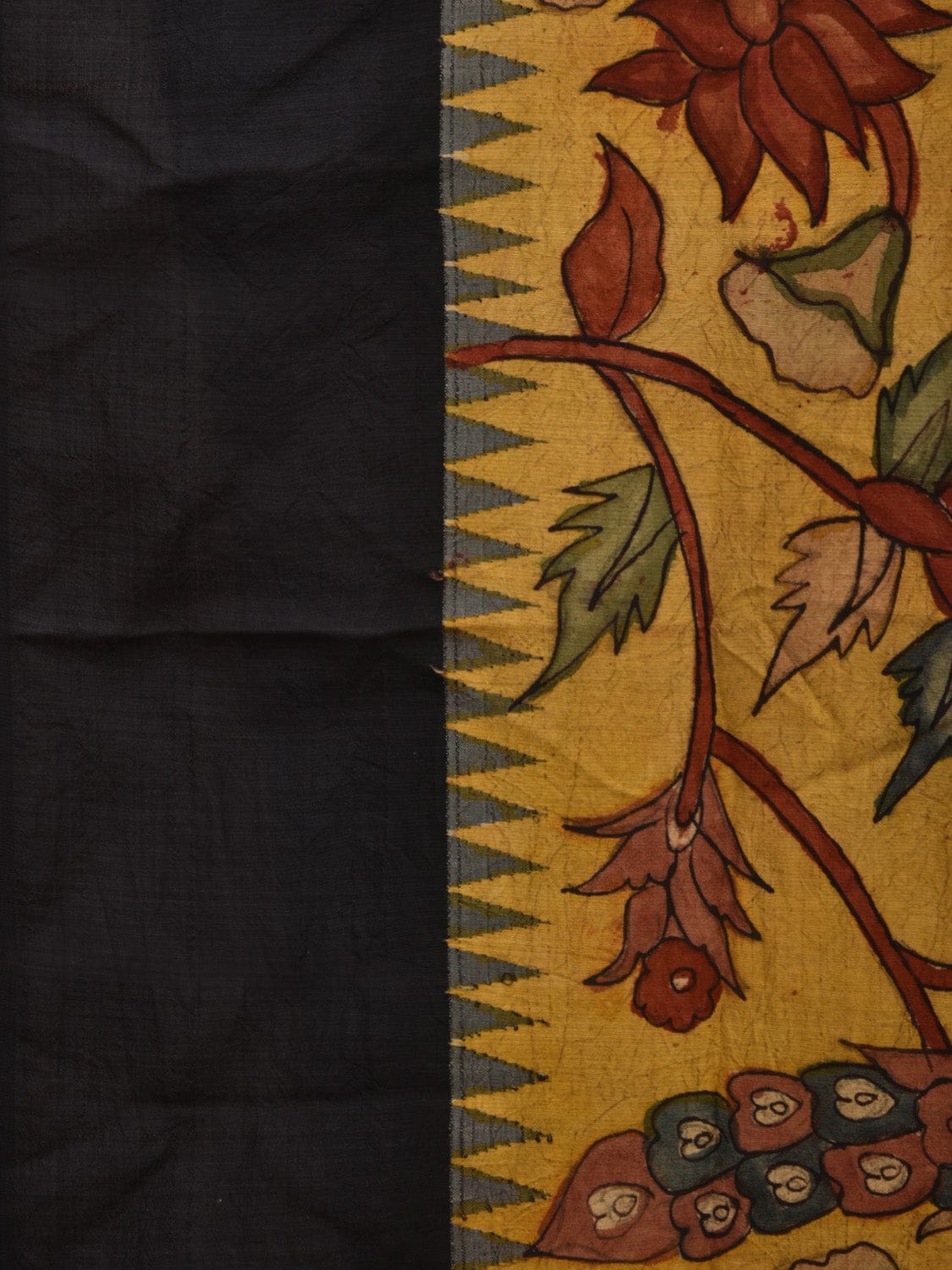 Yellow Kalamkari Hand Painted Gadwal Silk Handloom Saree with Floral Design KL0688