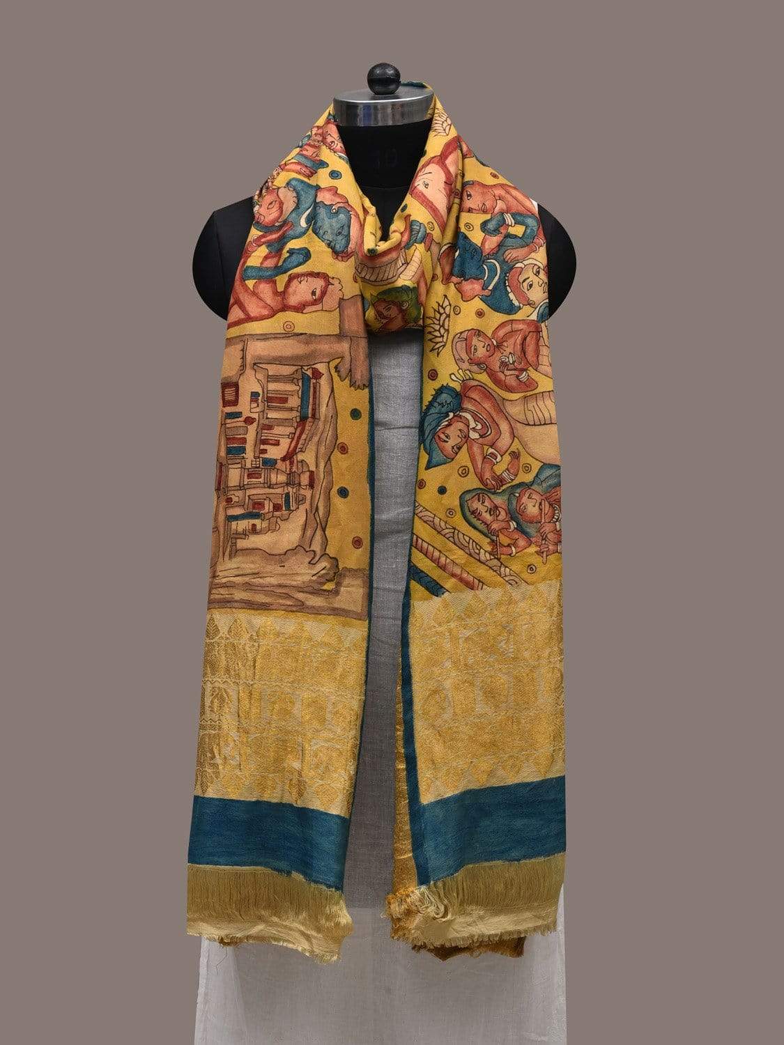 Yellow Kalamkari Hand Painted Kanchipuram Silk Handloom Dupatta with Ajanta Painting Design ds2495