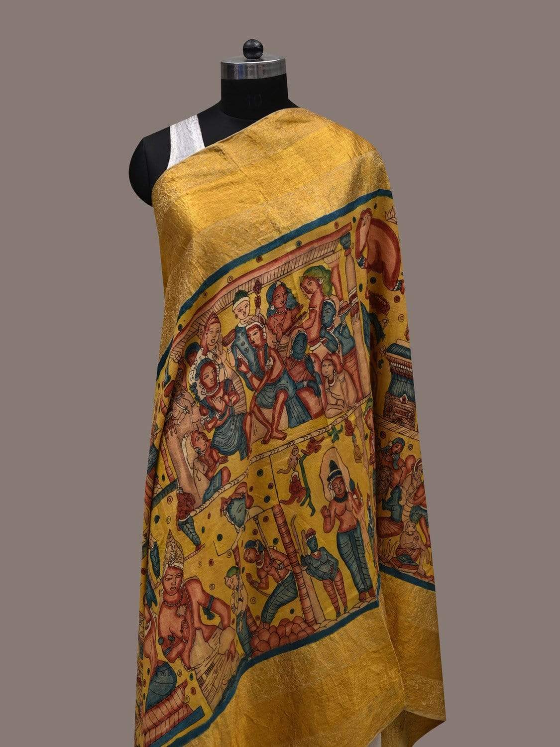 Yellow Kalamkari Hand Painted Kanchipuram Silk Handloom Dupatta with Ajanta Painting Design ds2495
