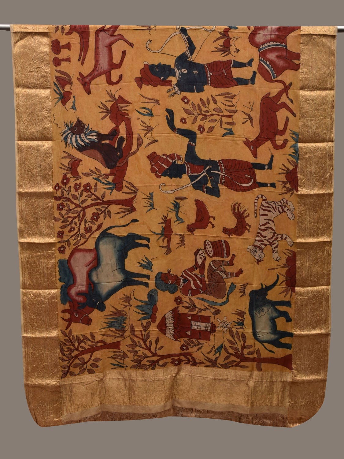 Yellow Kalamkari Hand Painted Kanchipuram Silk Handloom Dupatta with Animals and Hunters Design ds2637