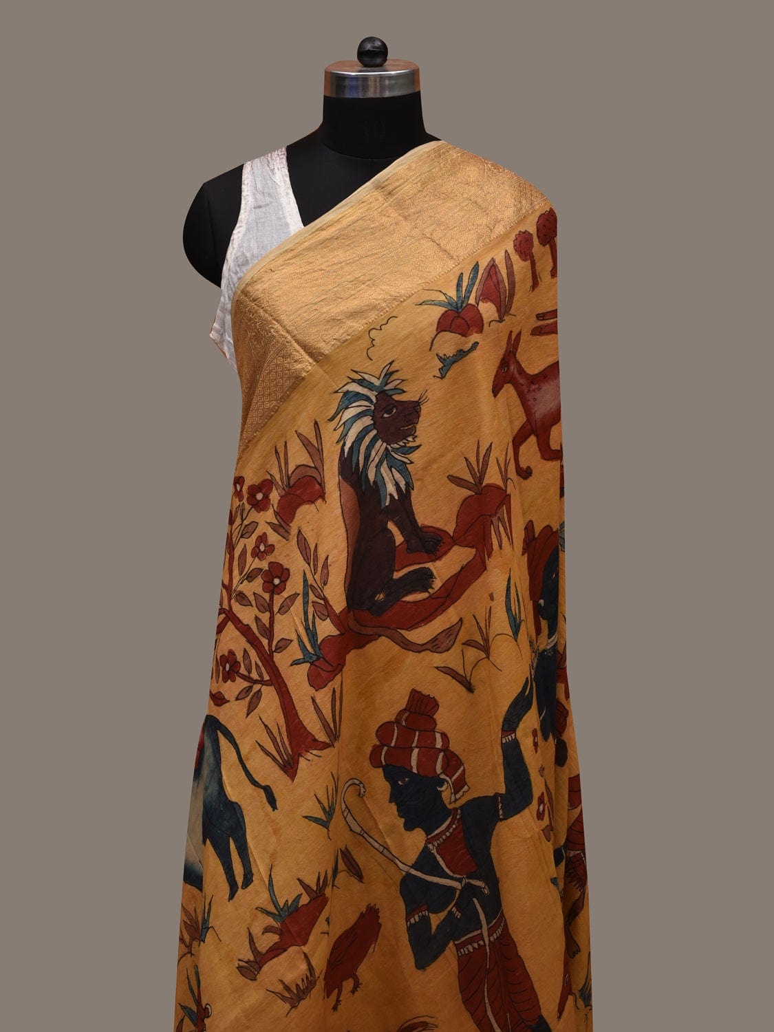 Yellow Kalamkari Hand Painted Kanchipuram Silk Handloom Dupatta with Animals and Hunters Design ds2637