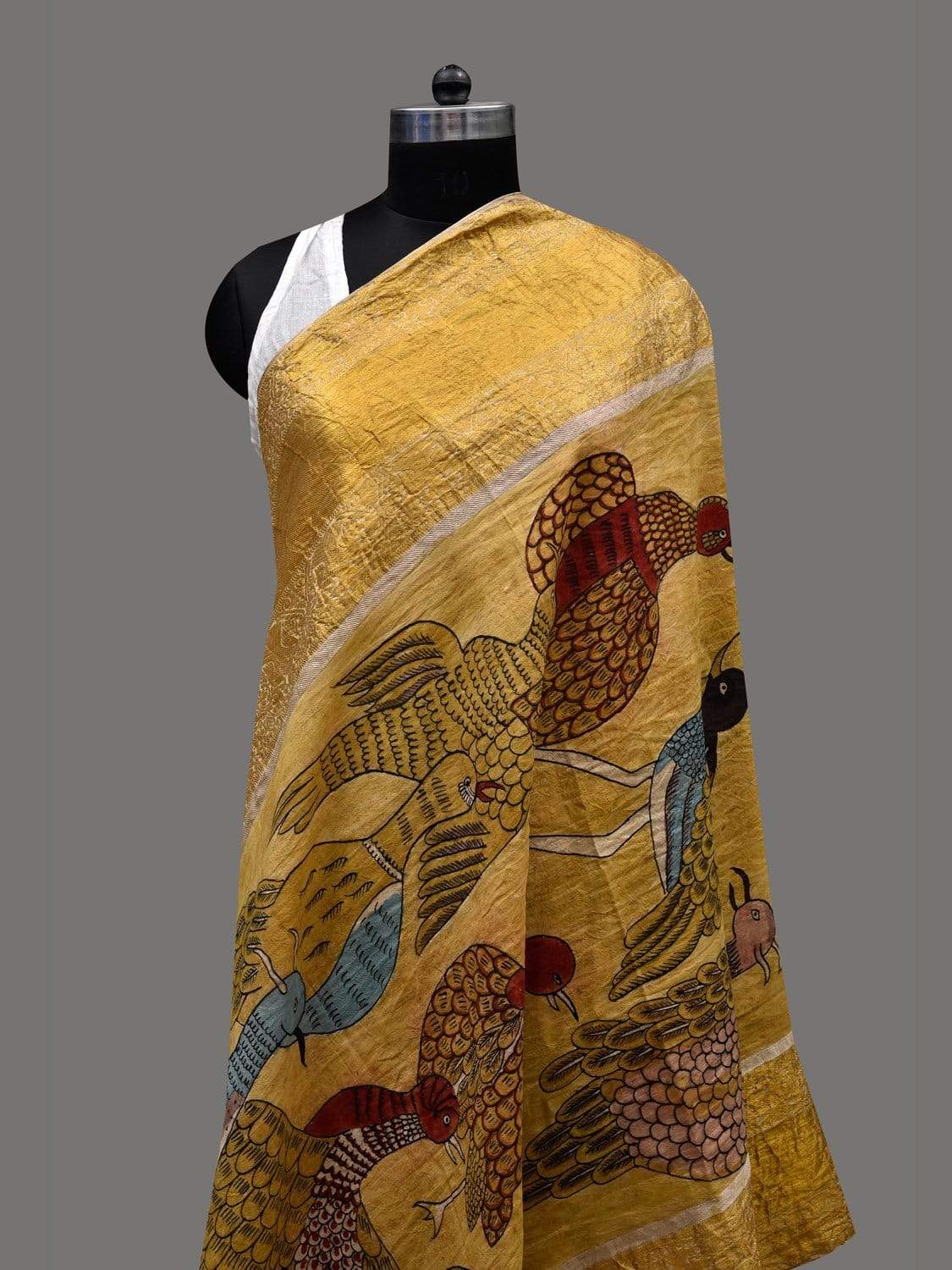 Yellow Kalamkari Hand Painted Kanchipuram Silk Handloom Dupatta with Birds Design ds2398
