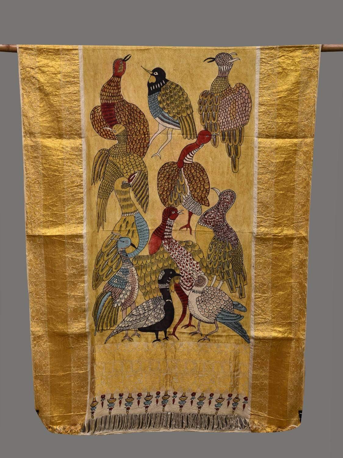 Yellow Kalamkari Hand Painted Kanchipuram Silk Handloom Dupatta with Birds Design ds2398