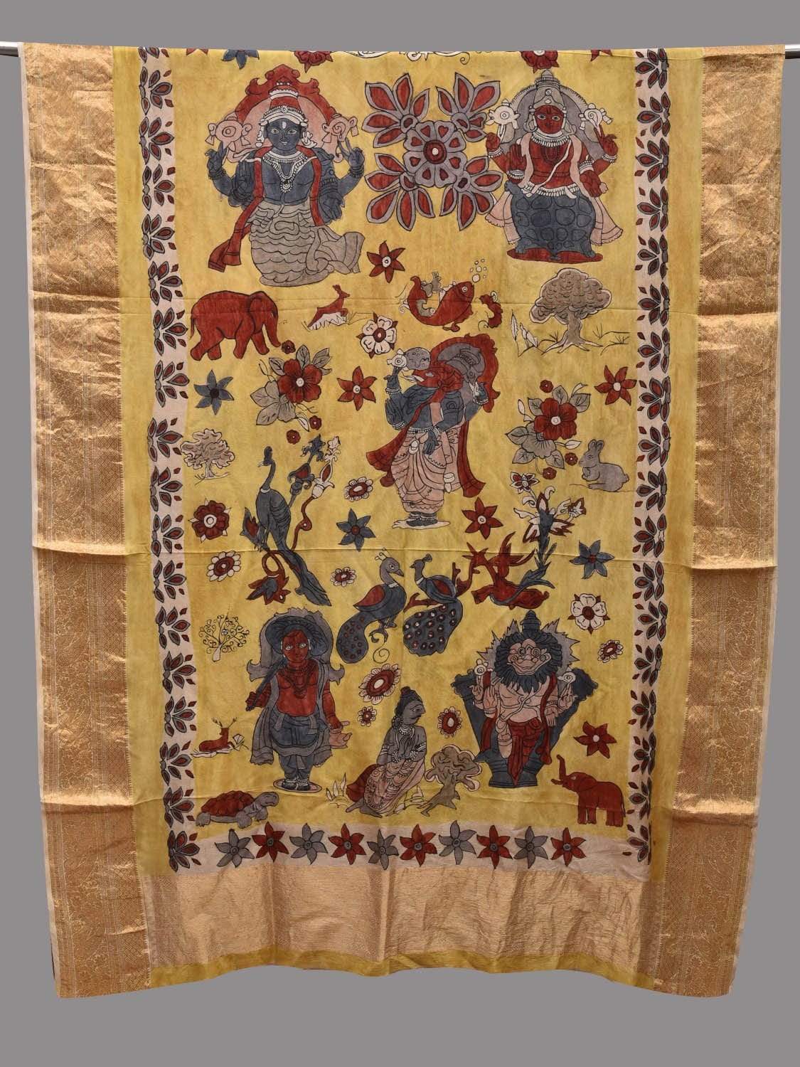 Yellow Kalamkari Hand Painted Kanchipuram Silk Handloom Dupatta with Dashavatar Design ds2594