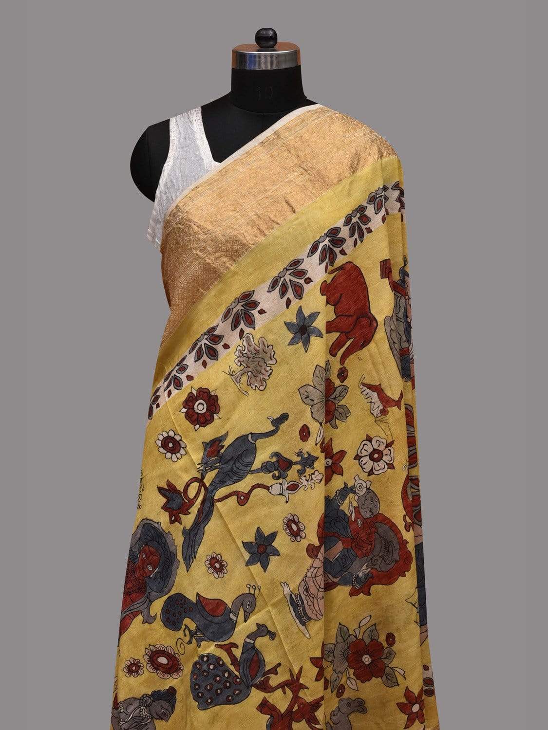 Yellow Kalamkari Hand Painted Kanchipuram Silk Handloom Dupatta with Dashavatar Design ds2594