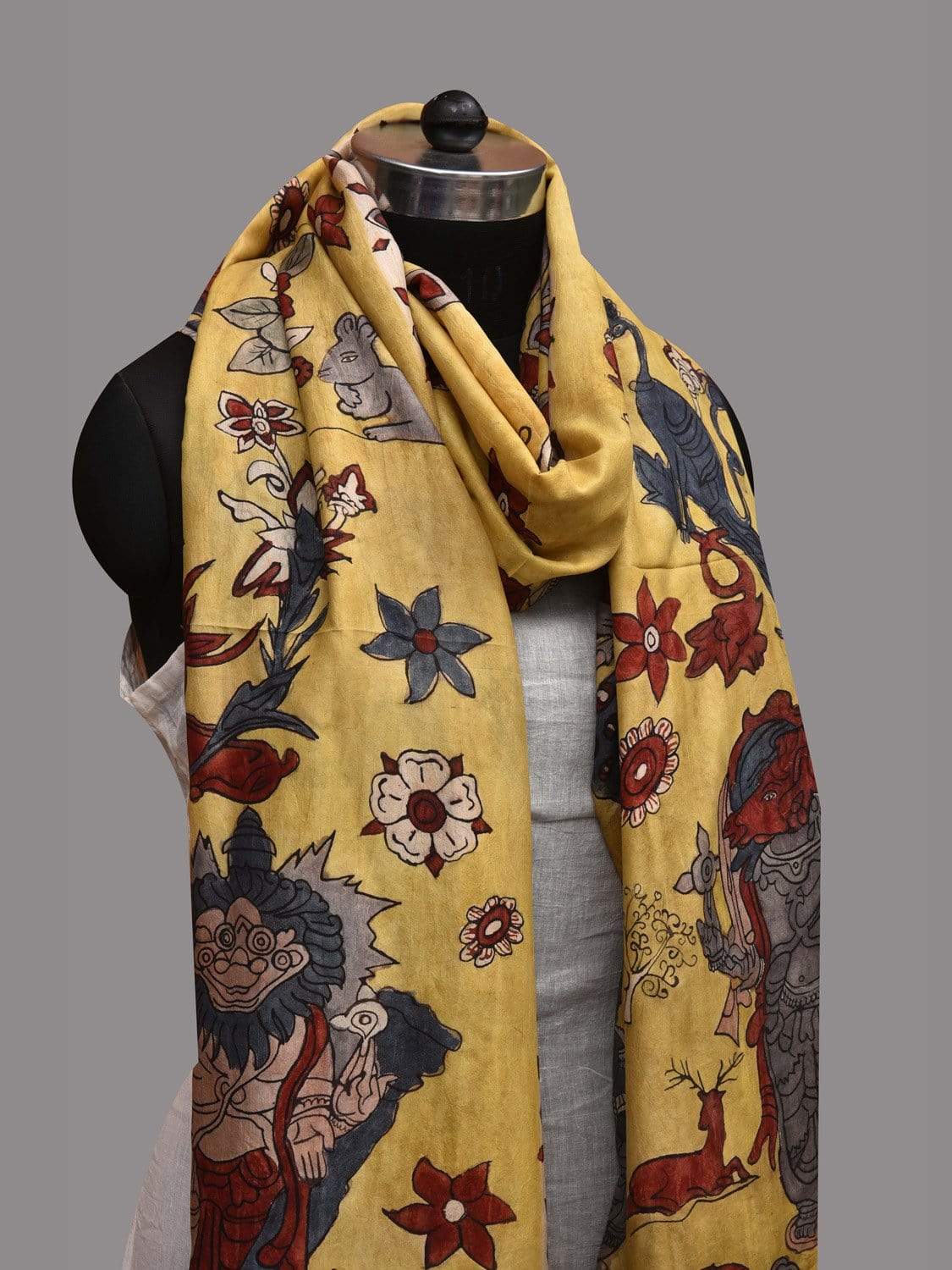 Yellow Kalamkari Hand Painted Kanchipuram Silk Handloom Dupatta with Dashavatar Design ds2594