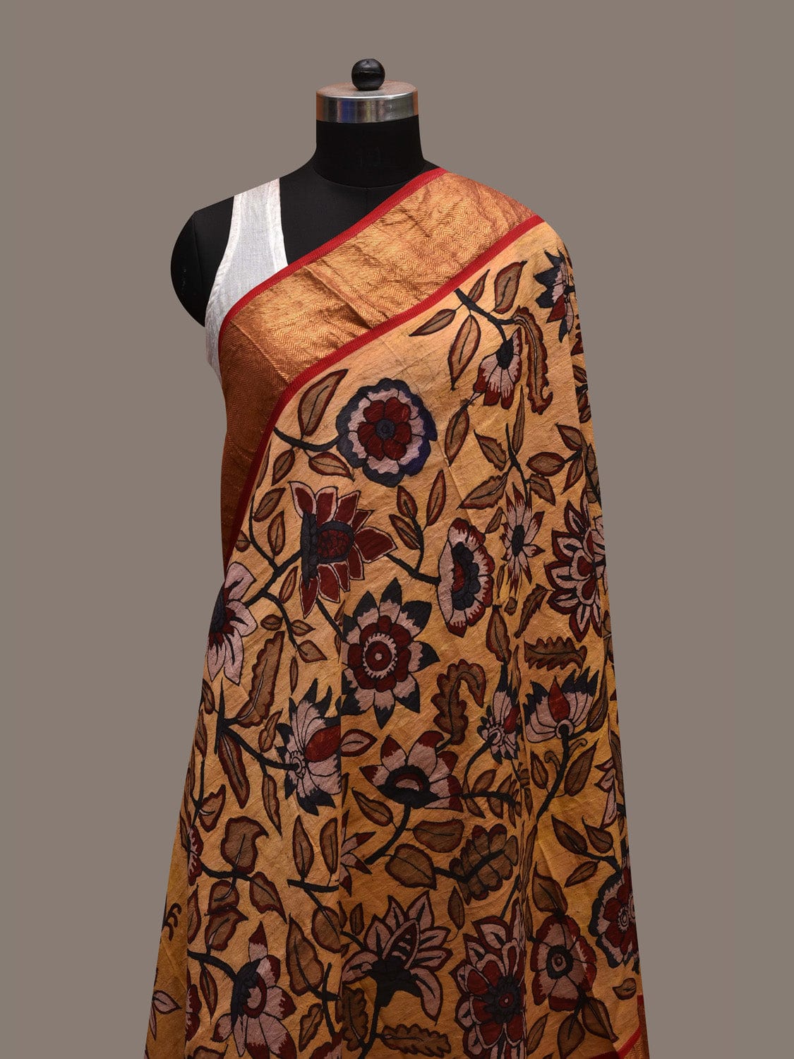 Yellow Kalamkari Hand Painted Kanchipuram Silk Handloom Dupatta with Floral and Peacocks Design ds2750