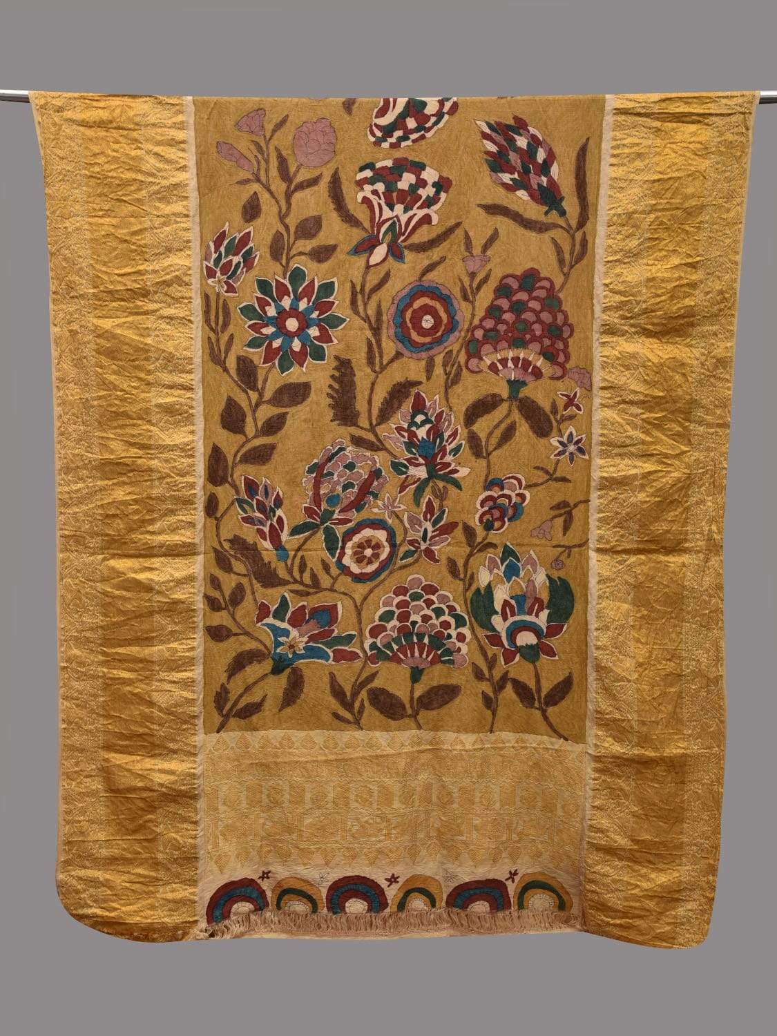 Yellow Kalamkari Hand Painted Kanchipuram Silk Handloom Dupatta with Floral Design ds2583