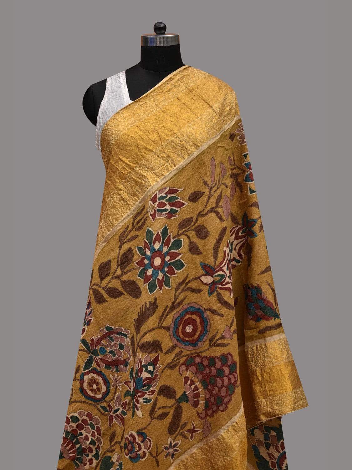 Yellow Kalamkari Hand Painted Kanchipuram Silk Handloom Dupatta with Floral Design ds2583