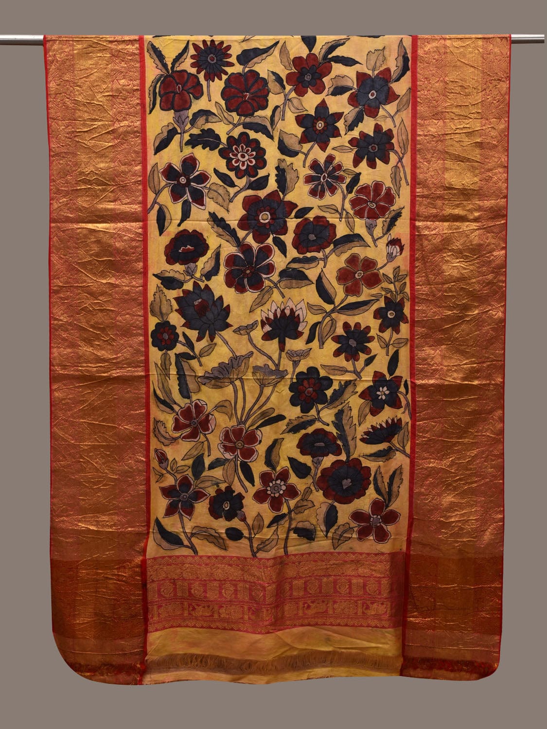 Yellow Kalamkari Hand Painted Kanchipuram Silk Handloom Dupatta with Floral Design ds2749