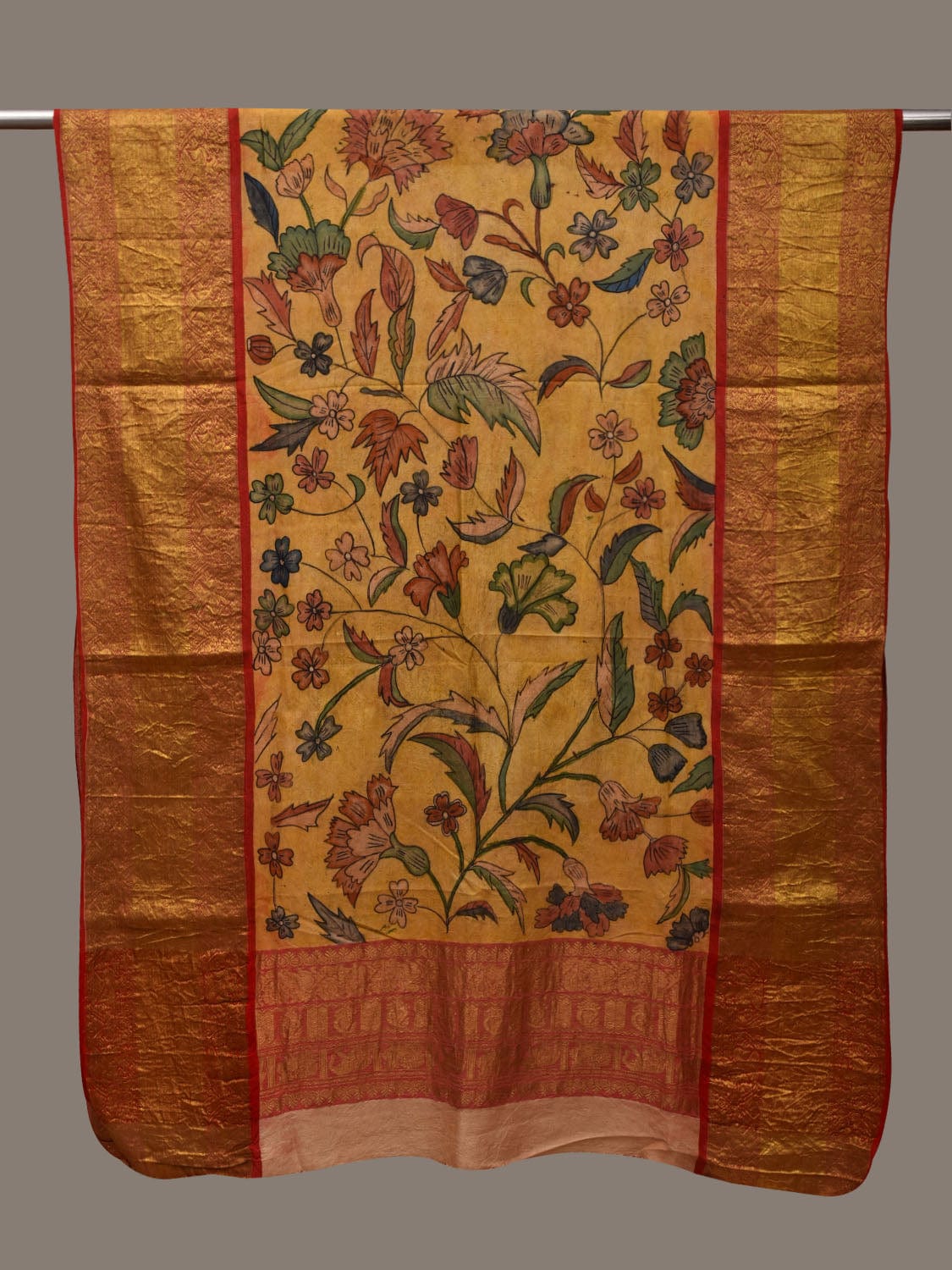 Yellow Kalamkari Hand Painted Kanchipuram Silk Handloom Dupatta with Floral Design ds2973