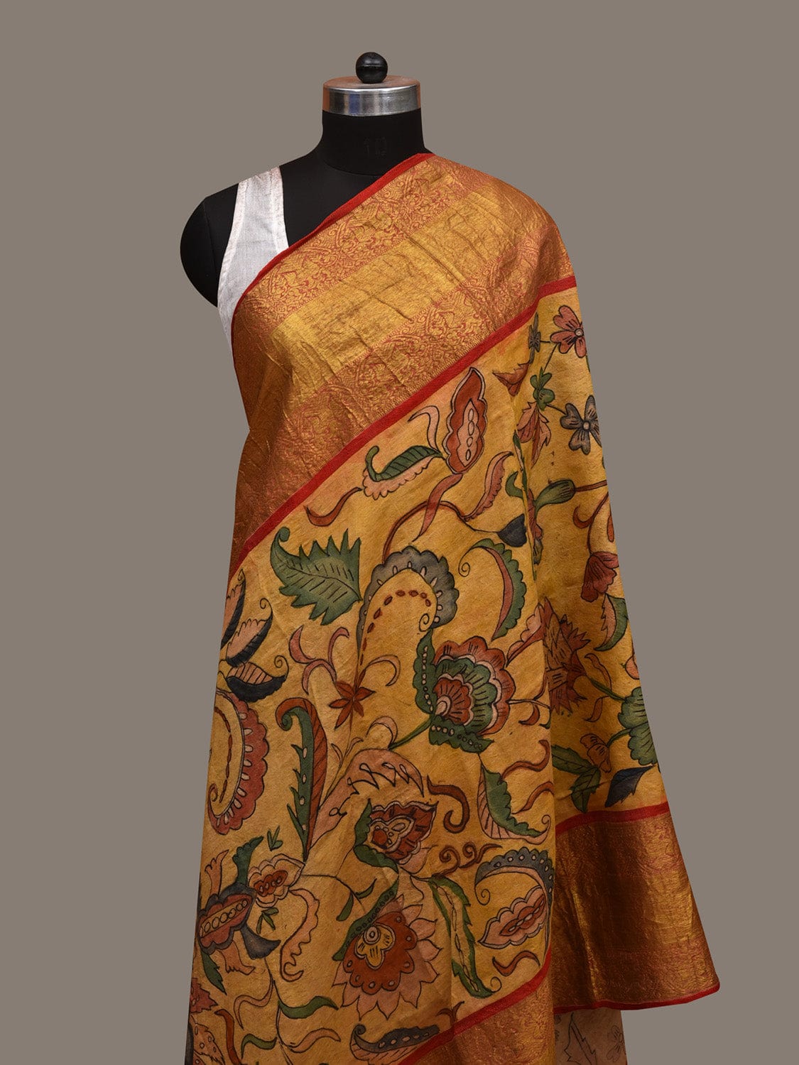 Yellow Kalamkari Hand Painted Kanchipuram Silk Handloom Dupatta with Floral Design ds2973