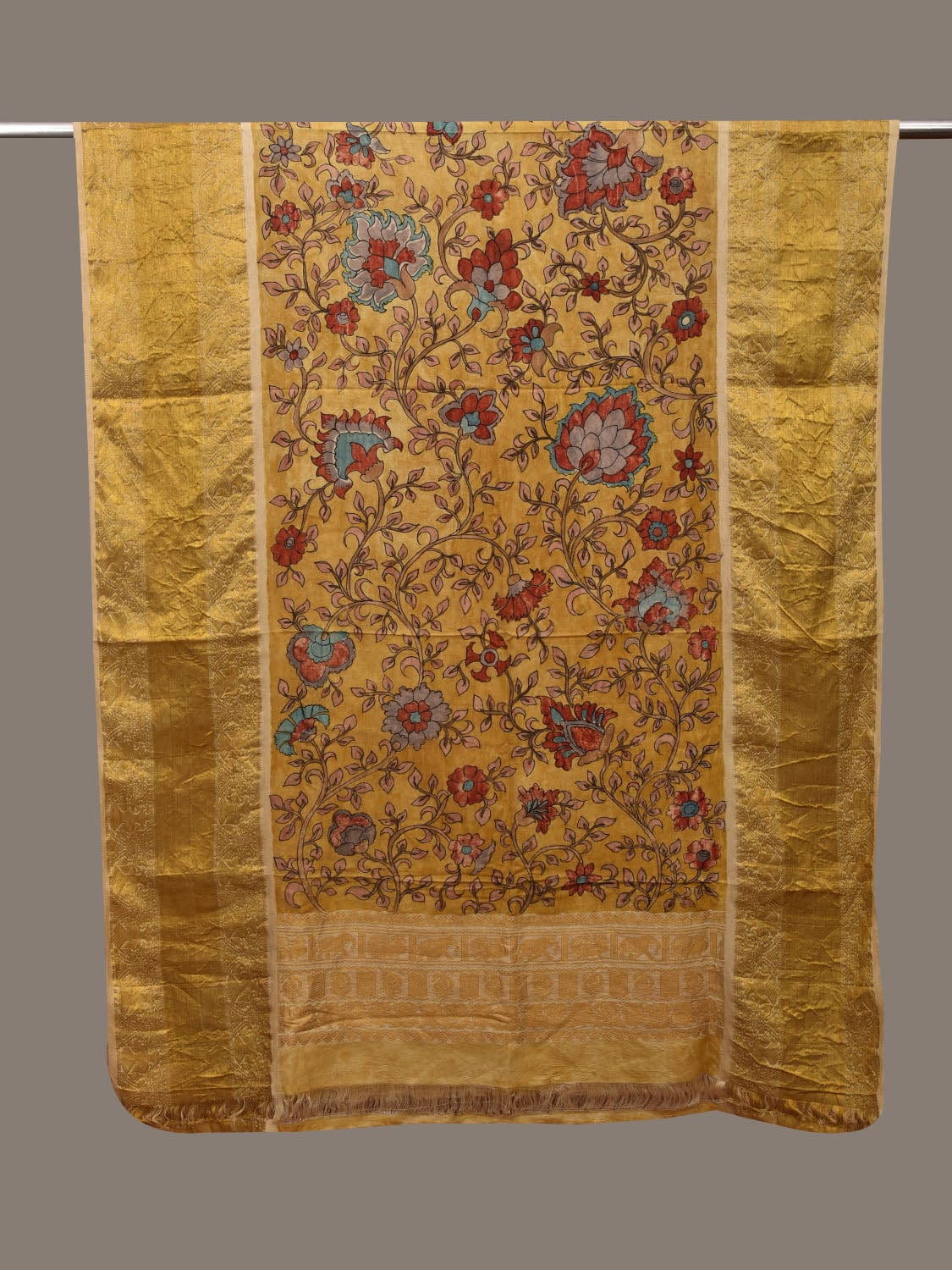 Yellow Kalamkari Hand Painted Kanchipuram Silk Handloom Dupatta with Floral Design ds3084