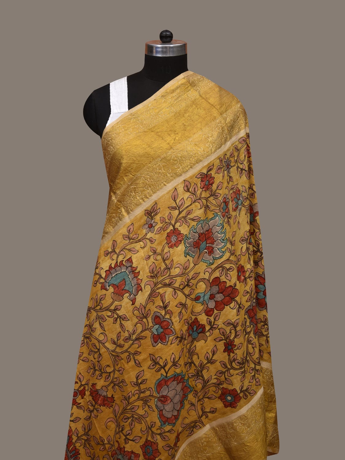 Yellow Kalamkari Hand Painted Kanchipuram Silk Handloom Dupatta with Floral Design ds3084