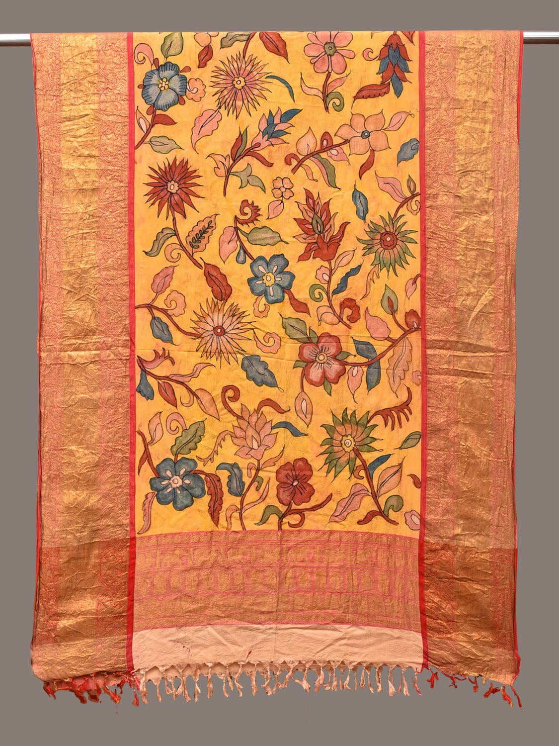 Yellow Kalamkari Hand Painted Kanchipuram Silk Handloom Dupatta with Floral Design ds3284