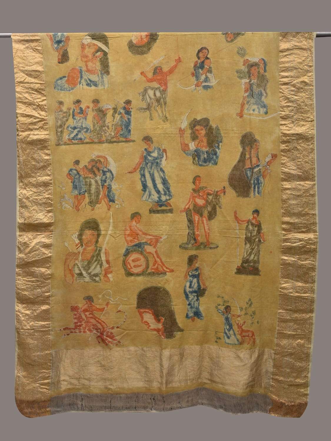 Yellow Kalamkari Hand Painted Kanchipuram Silk Handloom Dupatta with Greek Design ds2558