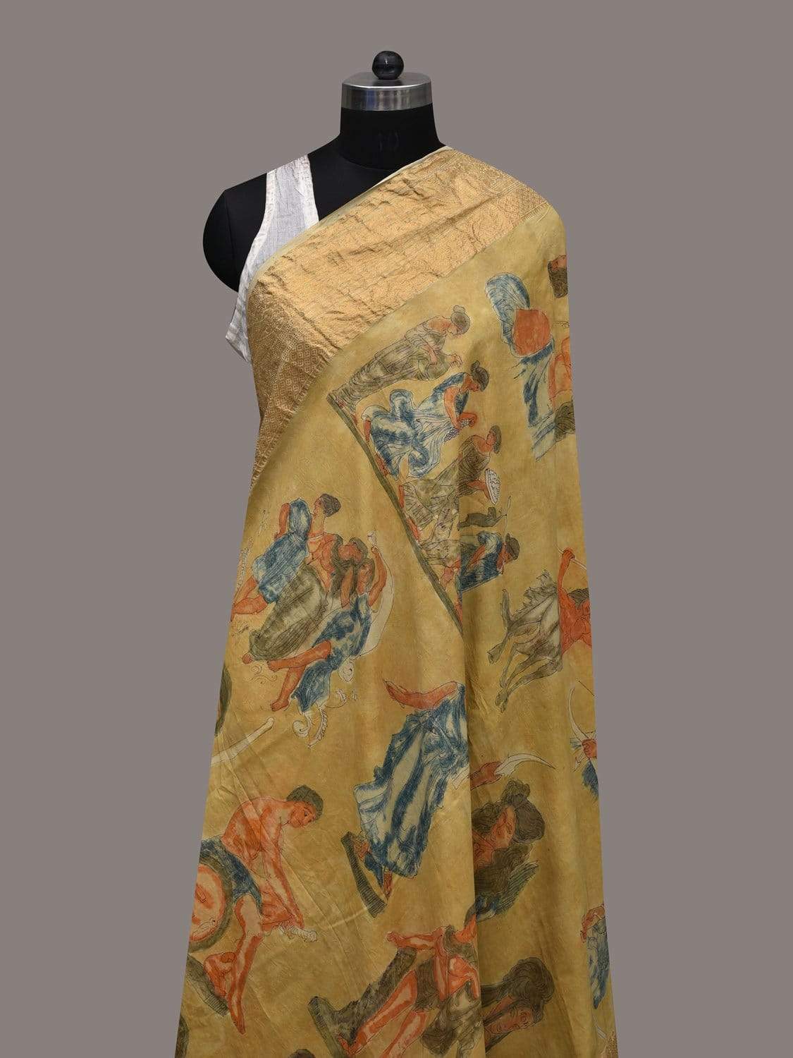 Yellow Kalamkari Hand Painted Kanchipuram Silk Handloom Dupatta with Greek Design ds2558