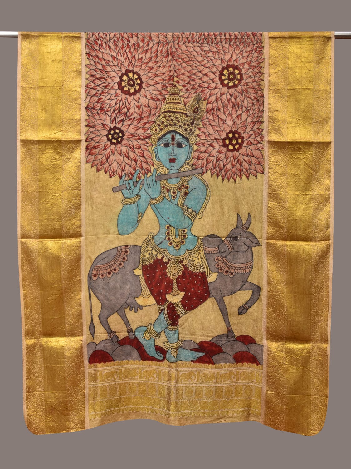 Yellow Kalamkari Hand Painted Kanchipuram Silk Handloom Dupatta with Krishna Design ds3487