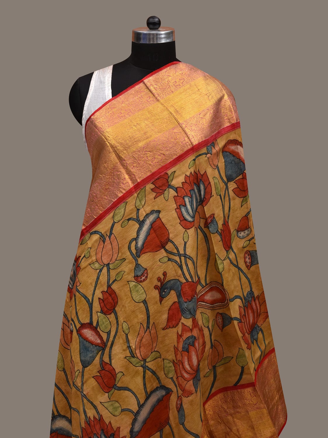 Yellow Kalamkari Hand Painted Kanchipuram Silk Handloom Dupatta with Lotus Flowers Design ds2833