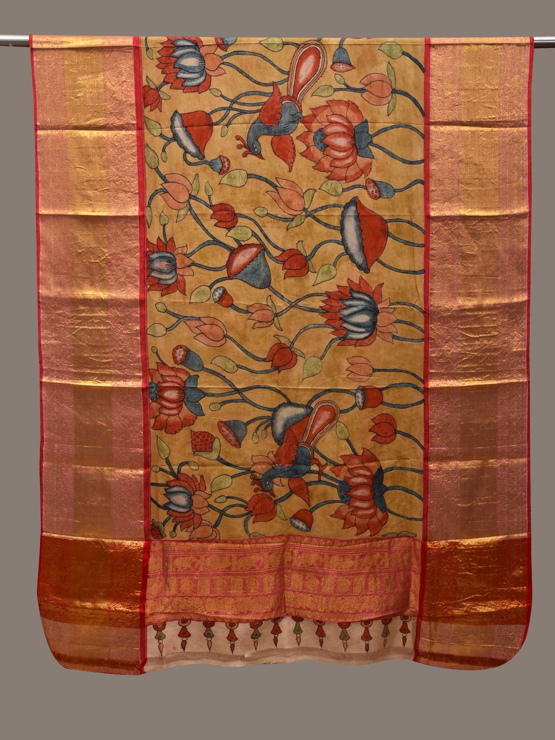 Yellow Kalamkari Hand Painted Kanchipuram Silk Handloom Dupatta with Lotus Flowers Design ds2833