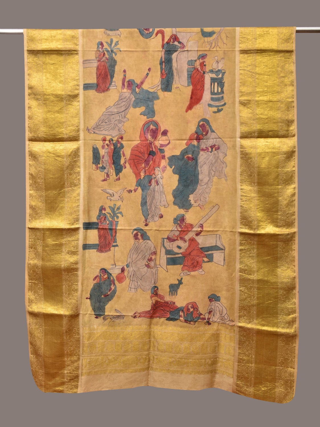 Yellow Kalamkari Hand Painted Kanchipuram Silk Handloom Dupatta with Painting Design ds3486