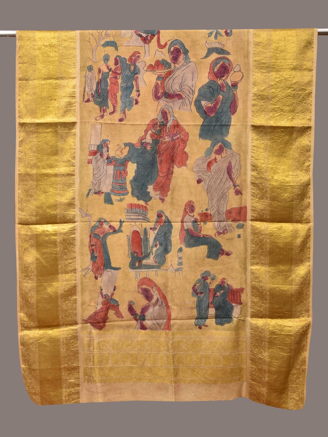 Yellow Kalamkari Hand Painted Kanchipuram Silk Handloom Dupatta with Painting Design ds3486