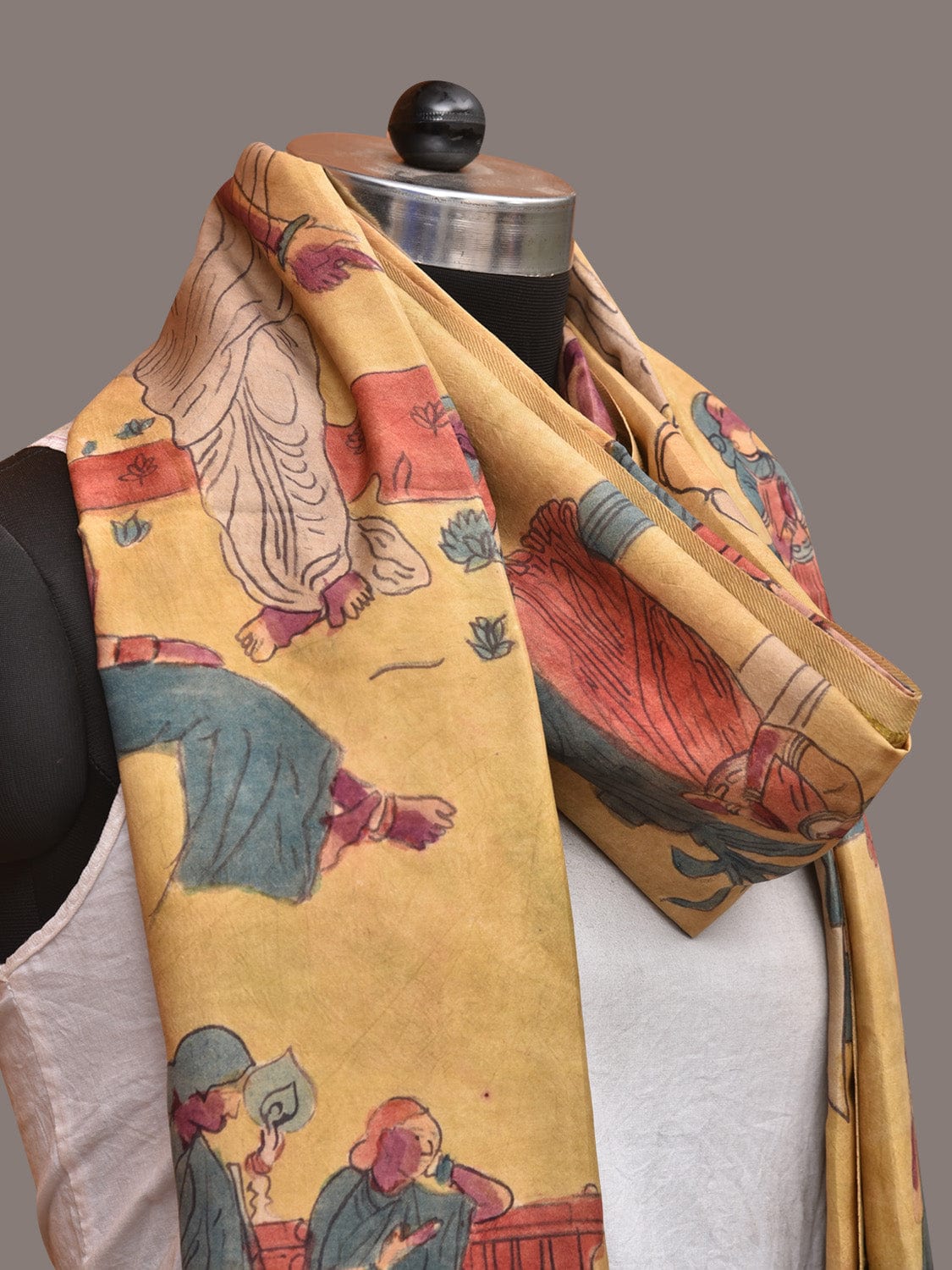 Yellow Kalamkari Hand Painted Kanchipuram Silk Handloom Dupatta with Painting Design ds3486
