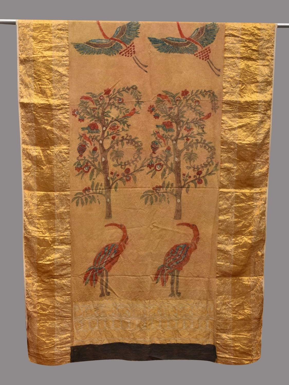 Yellow Kalamkari Hand Painted Kanchipuram Silk Handloom Dupatta with Trees and Birds Design ds2581